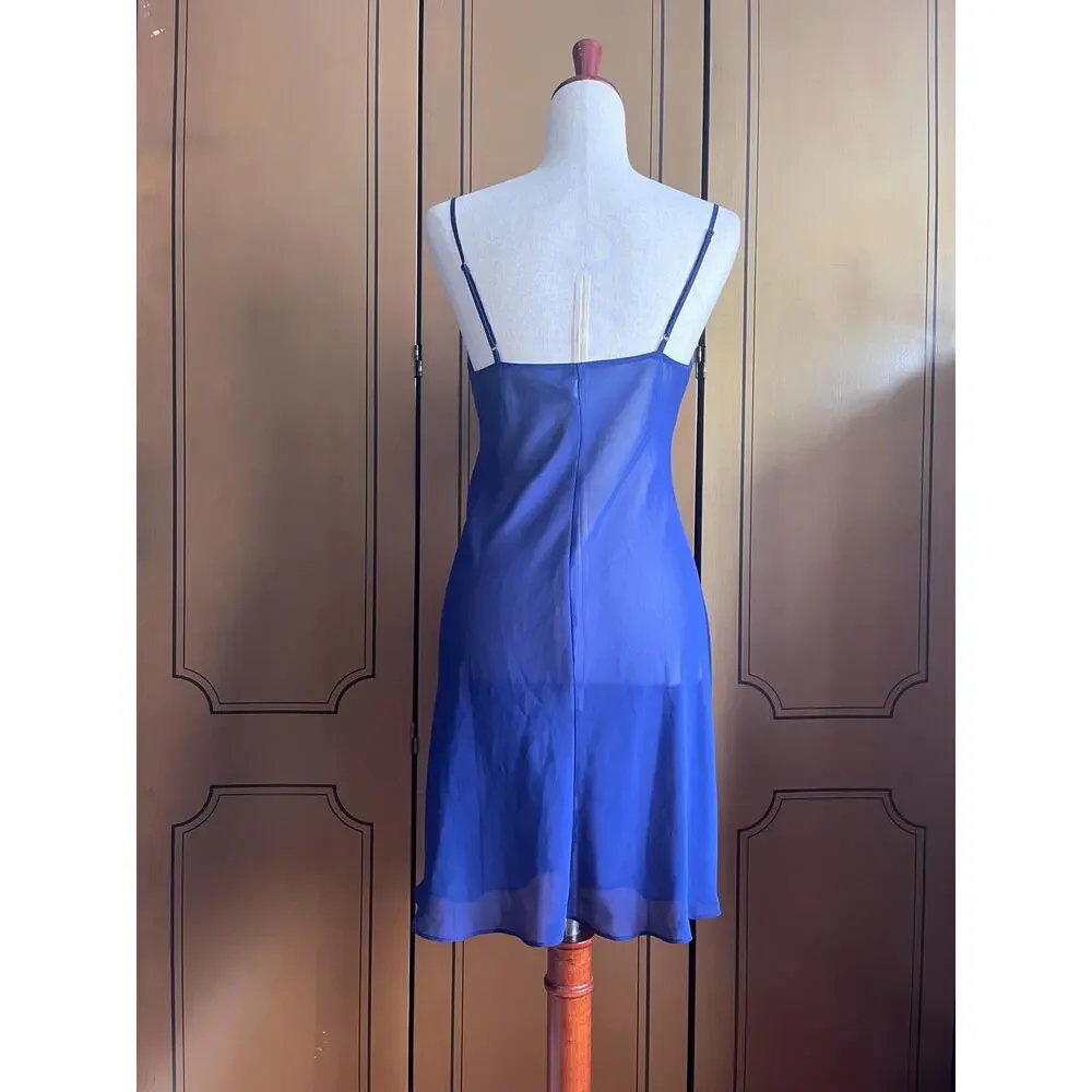 Vintage sheer nightgown with velvet details in midnight blue, size S